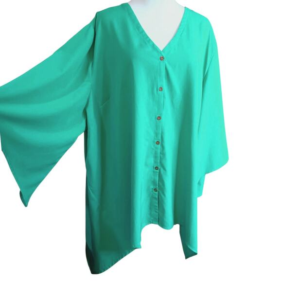 CATHERINES Turquoise Green Blouse Top Plus 3X Flowy Asymmetric Hem V-Neck Career - Picture 3 of 9